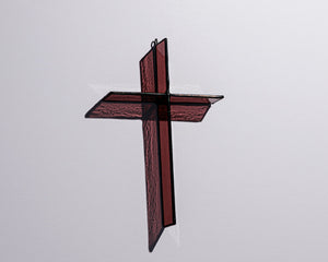Alternate view of Red Mulberry Cross Suncatcher with real stained glass and black patina