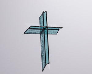 Alternate view of Pale Aqua Cross Suncatcher with real stained glass and black patina