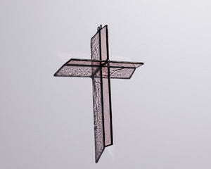 Alternate view of Rose Mist Cross Suncatcher with real stained glass and black patina