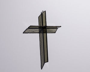 Alternate view of Warm Stone Cross Suncatcher with real stained glass and black patina