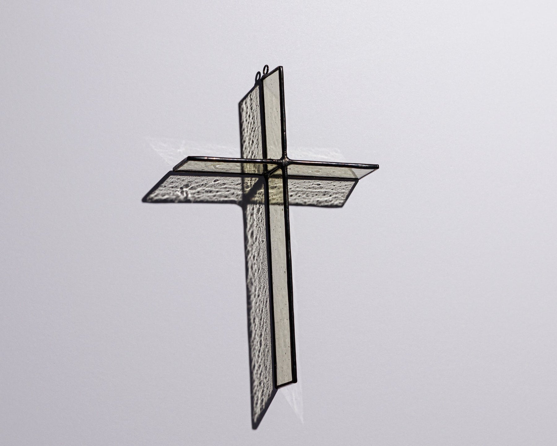 Alternate view of Wheat Mist Cross Suncatcher with real stained glass and black patina