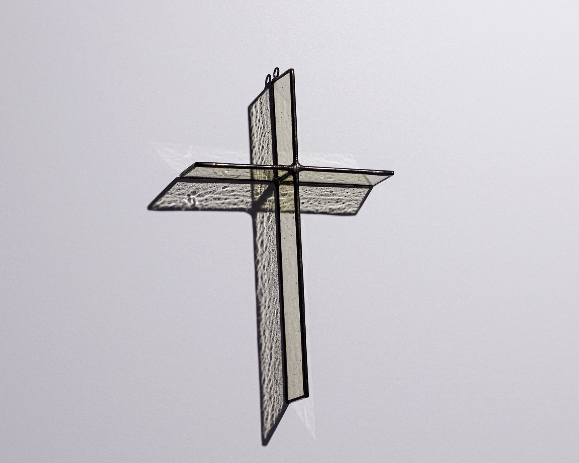 Alternate view of Wheat Mist Cross Suncatcher with real stained glass and black patina