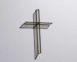 Alternate view of Wheat Mist Cross Suncatcher with real stained glass and black patina
