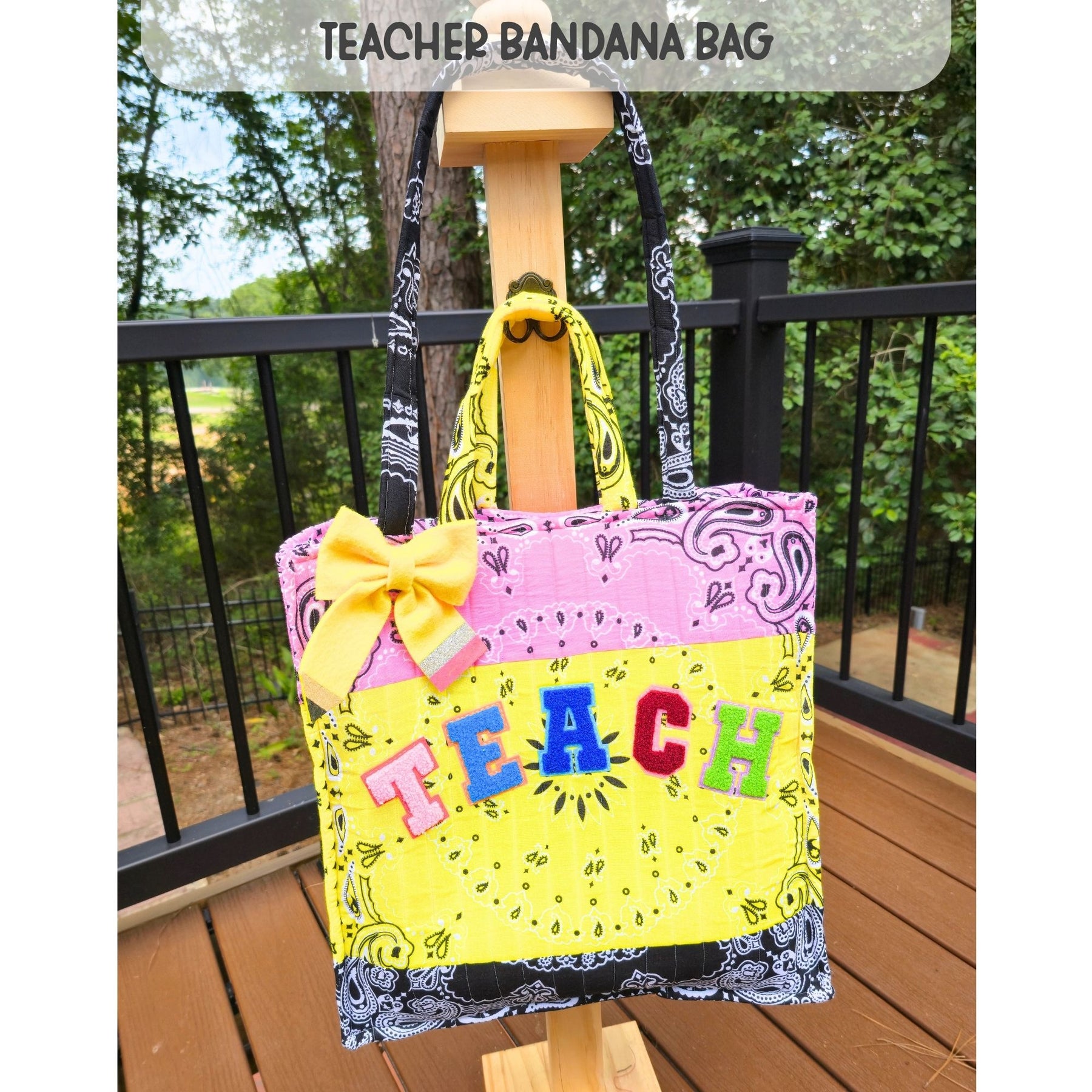 Teacher Bandana Tote Bag, Personalized Teacher Gift, Handmade School Tote, Pink Yellow Patchwork Bag, Back to School Gift
