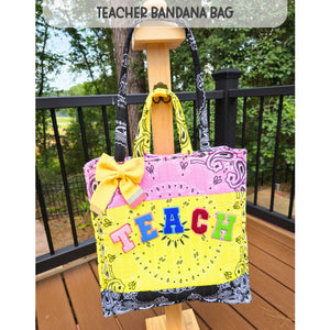 Teacher Bandana Tote Bag, Personalized Teacher Gift, Handmade School Tote, Pink Yellow Patchwork Bag, Back to School Gift