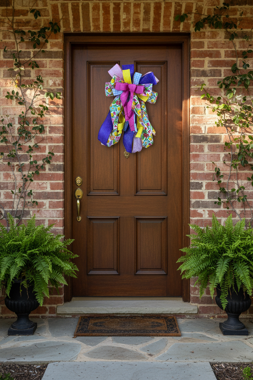 Spring Floral Wreath Bow | Door Decor with Pink, Yellow & Purple Ribbon