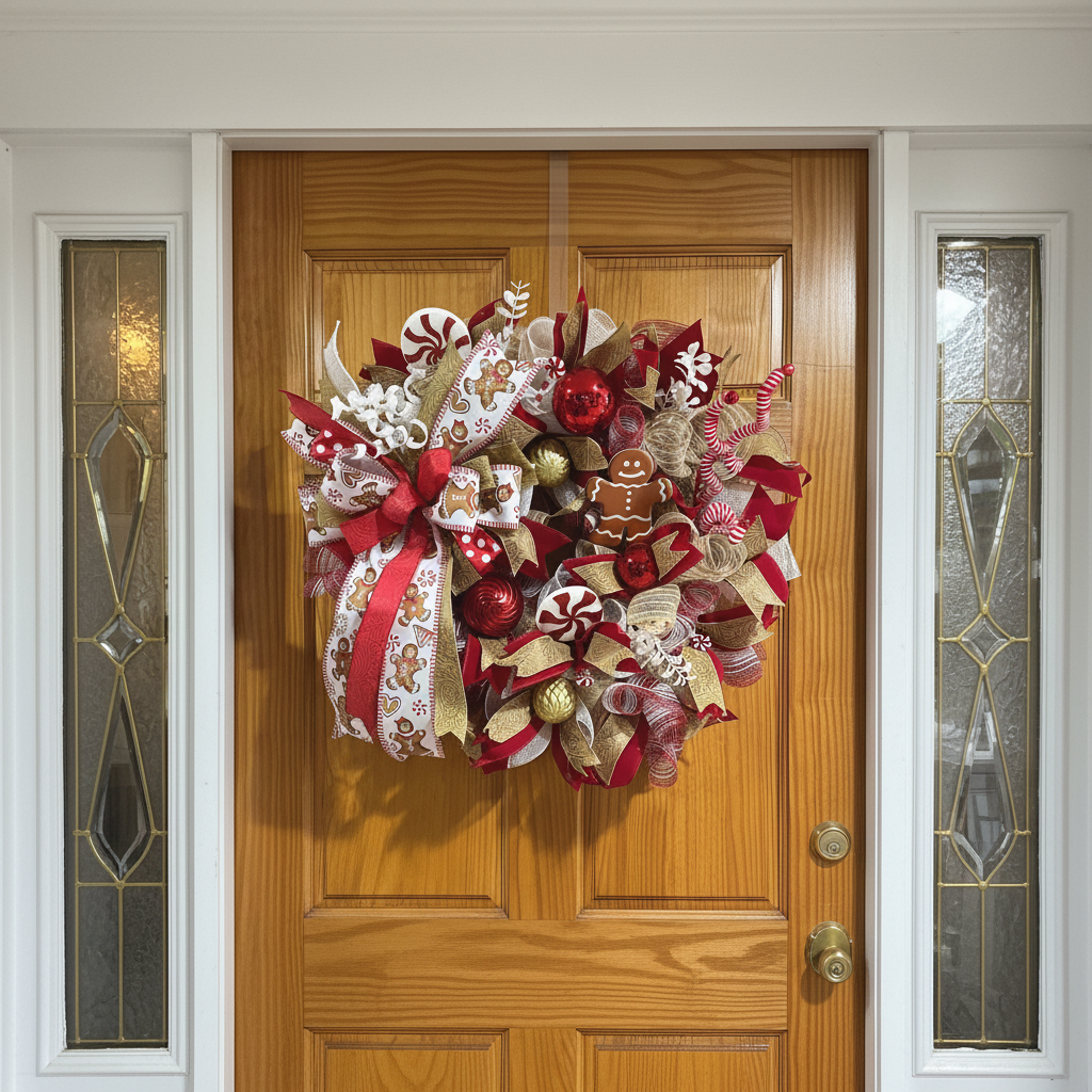 Gingerbread Christmas Wreath | Candy Cane Front Door Wreath | Handmade Christmas Cookie Holiday Decor | Farmhouse Christmas Door Hanger