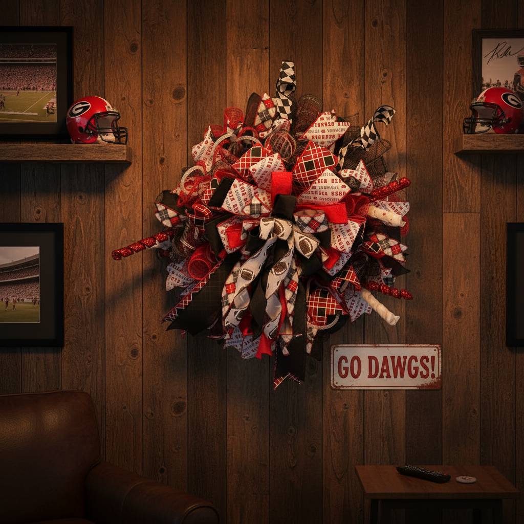 Sports Team Wreath, Red and Black Fan Décor, Game Day Football Door Decoration,