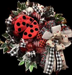 Ladybug Spring Wreath | Red & Black Mesh Door Decor by Bouge Creations, view 2