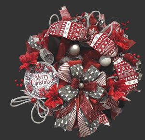 Merry Christmas Wreath | Traditional Christmas Front Door Wreath | Red Silver Farmhouse Holiday Decor | Handmade Christmas