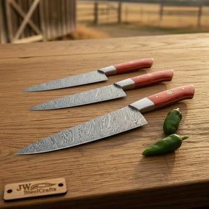 3 Piece Handmade Damascus Kitchen Knife Set, Chef Knife, Utility Knife and Paring Knife, Red Pakka Wood Handle Professional Cutlery JW SteelCrafts