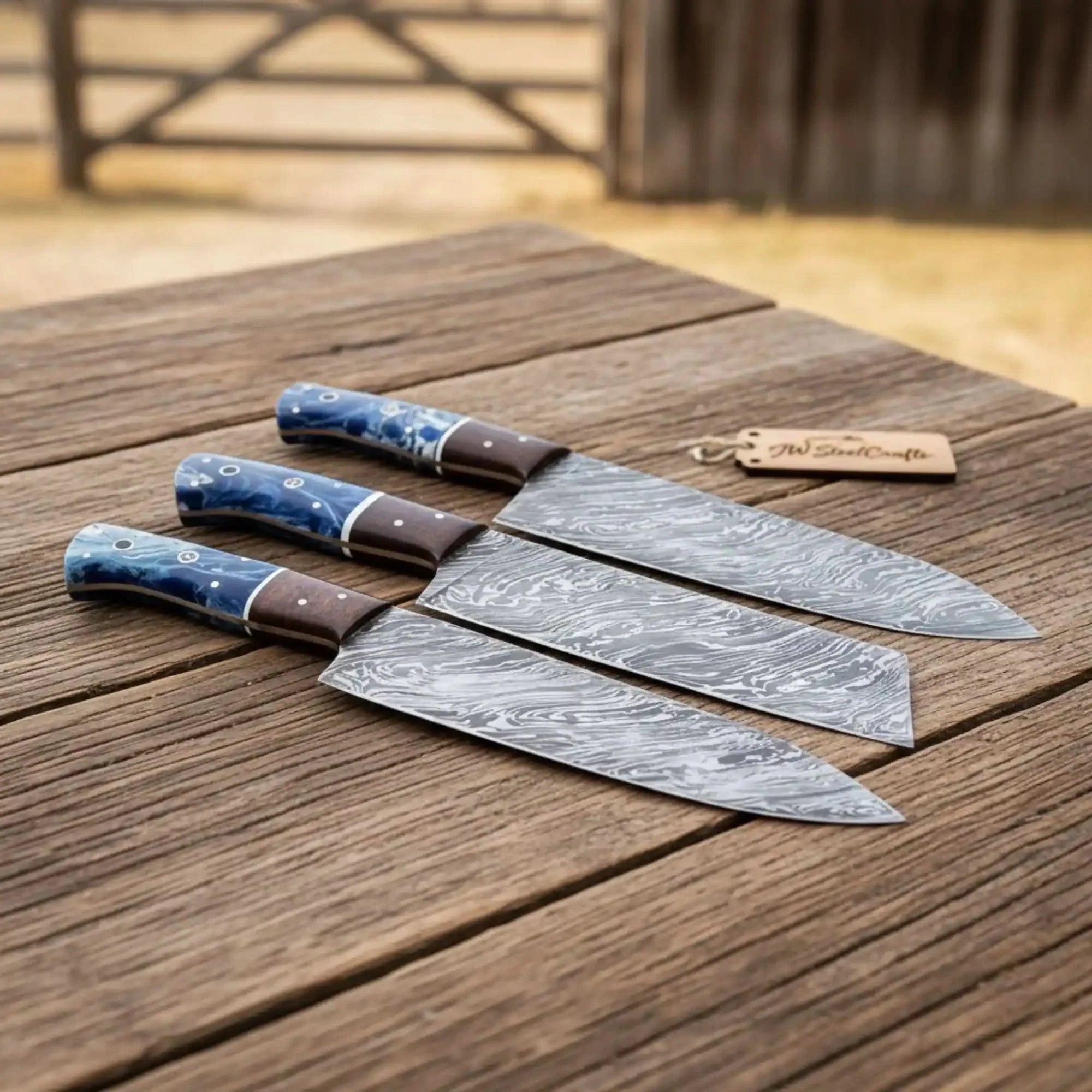 Handmade Damascus Steel Chef Knife Set, 3 Piece Kitchen Knife Set with Resin and Wood Handles, Professional Cooking Knives with Leather Roll, Custom C by JW SteelCrafts, Damascus