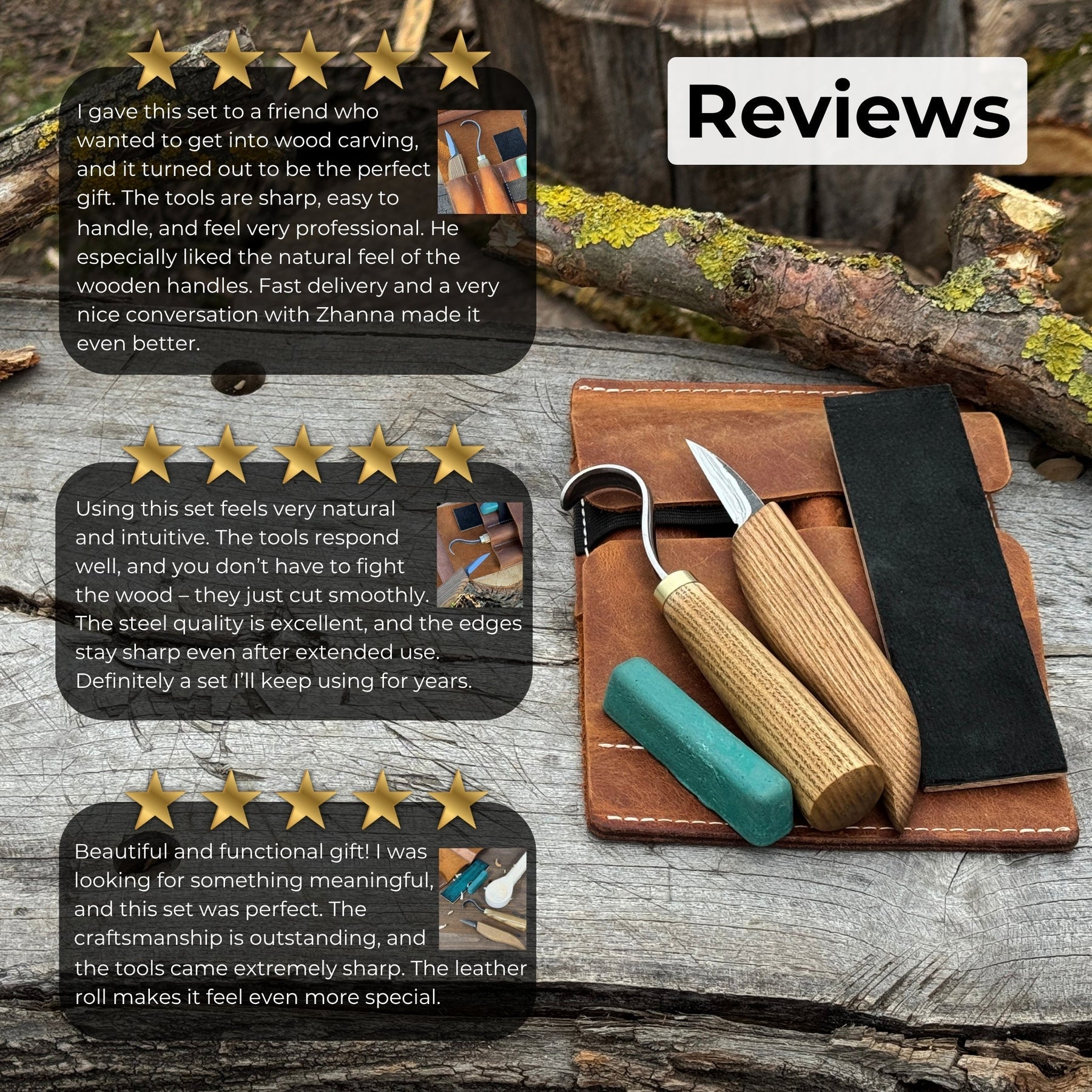 3-Piece Wood Carving Knife Set – Whittling Knife, Hook Knife & Leather Strop