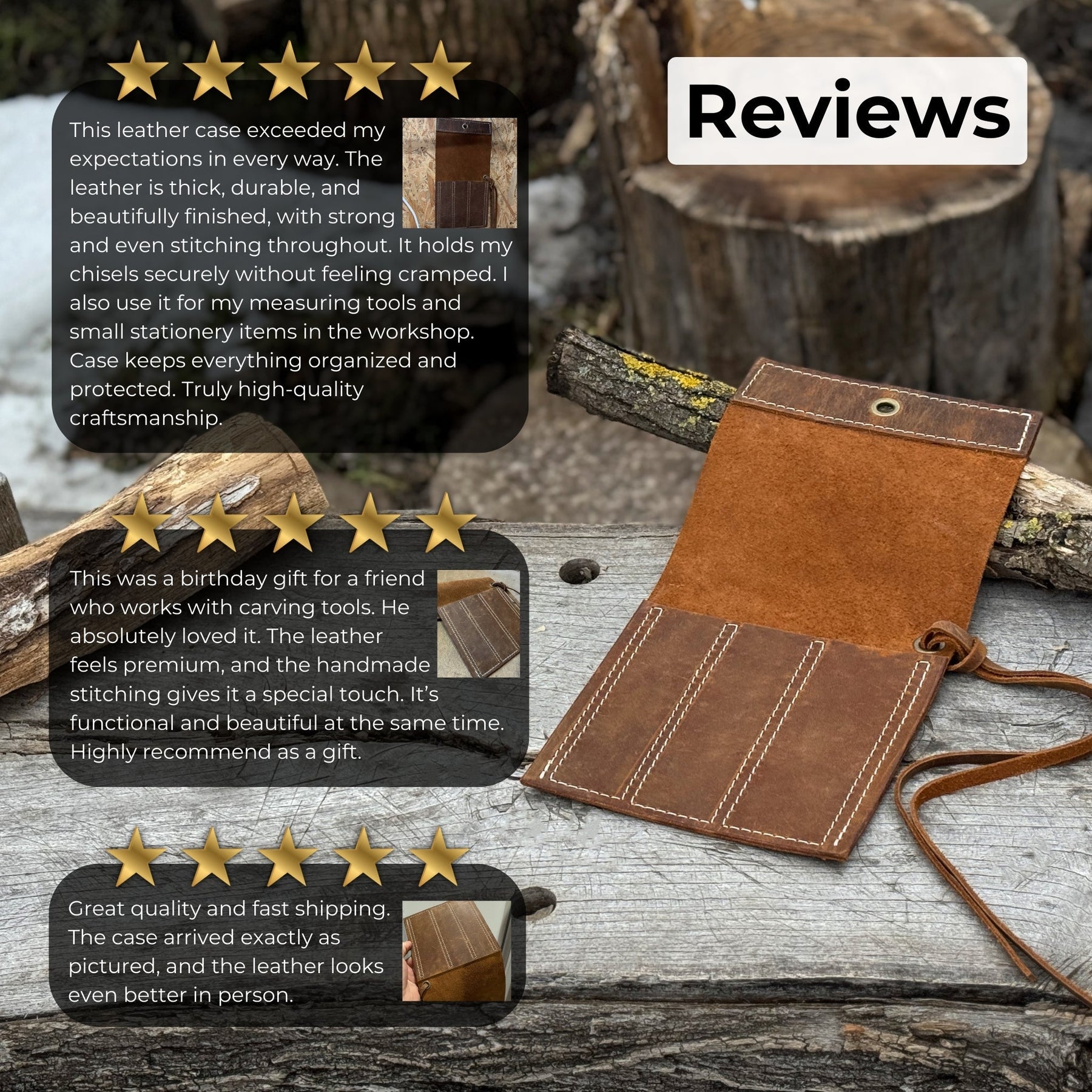 3 Pocket Leather Tool Roll for Chisels, Knives, and Small Hand Tools