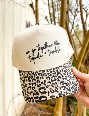 Tequila & Trouble Leopard Canvas Trucker Hat by Southern Bliss Company, Southern lifestyle apparel main product photo