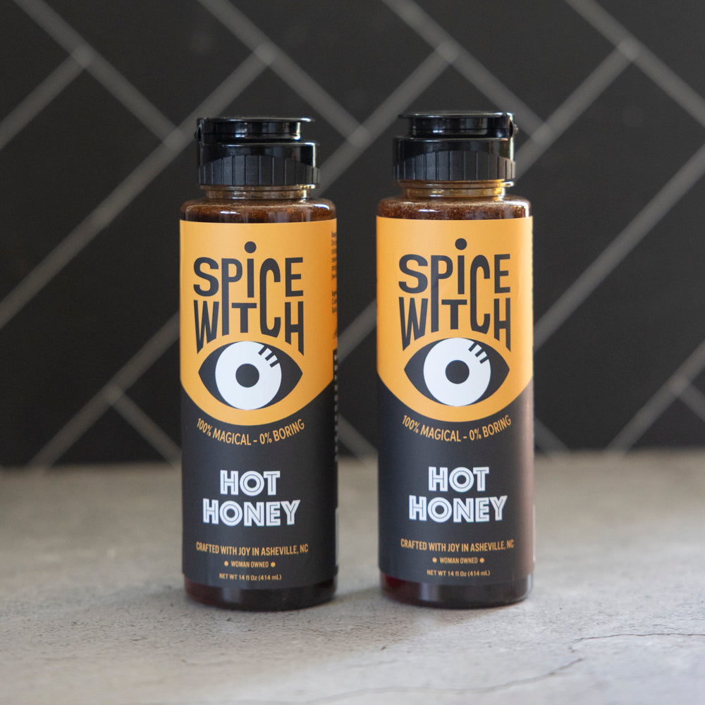 Two Spice Witch hot honey squeeze bottles