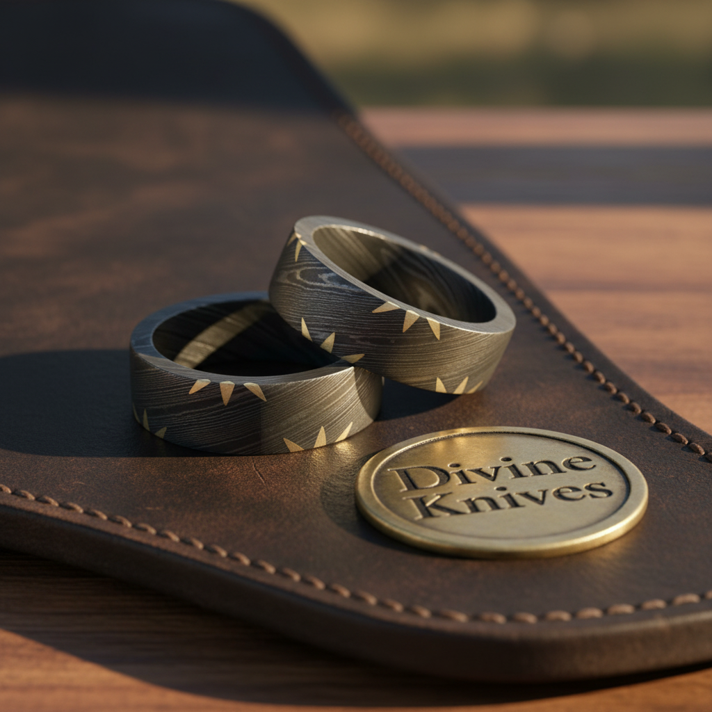 Patterned Steel Wedding Band Set of 2 with Brass Sunburst Inlay and Comfort Fit