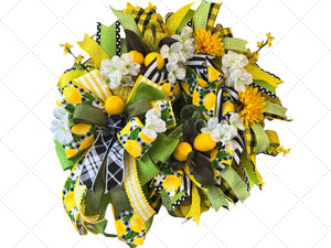 Lemon Summer Wreath | Yellow Floral Gingham Door Decor handmade by Bouge Creations