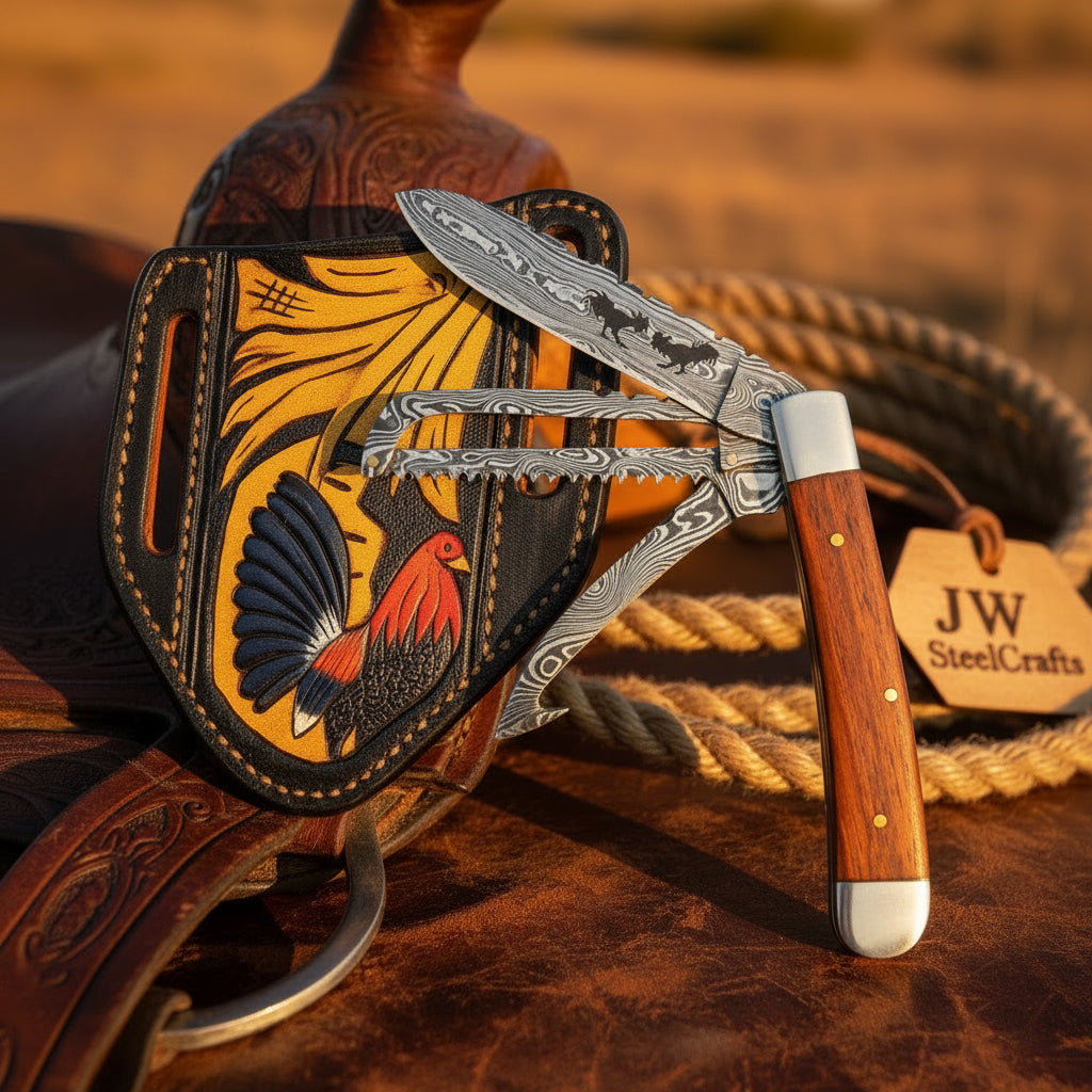 Rosewood Wolf Trail Trapper Folder Knife 7" Damascus Steel with Rosewood Handle