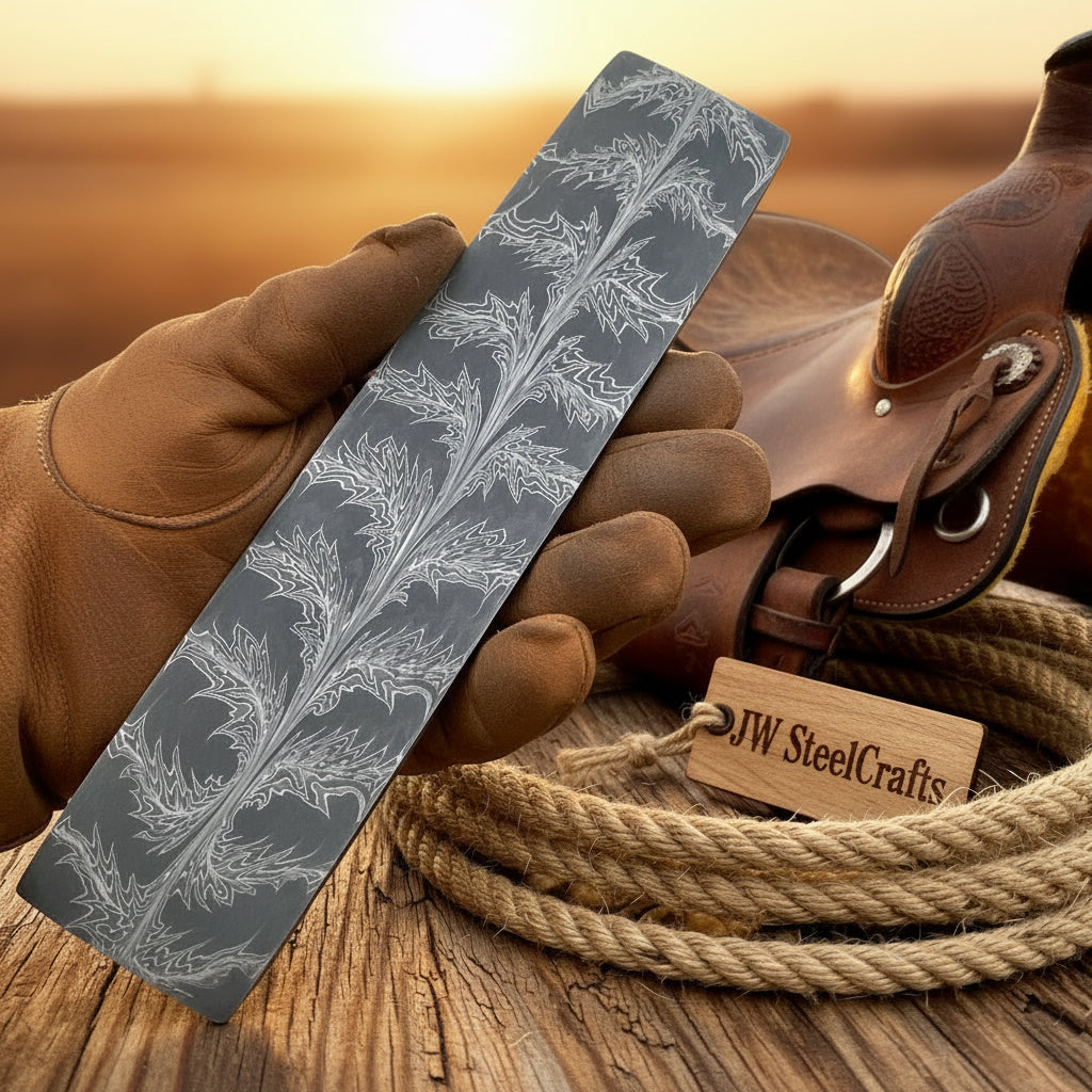 Frostleaf Damascus Billet 14" Handmade Feather Leaf Pattern by JW SteelCrafts — detail view 2
