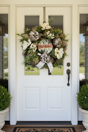 Everyday| Farmhouse Welcome Wreath| Cream Flowers, Burlap Mesh, Greenery detail view by Bouge Creations
