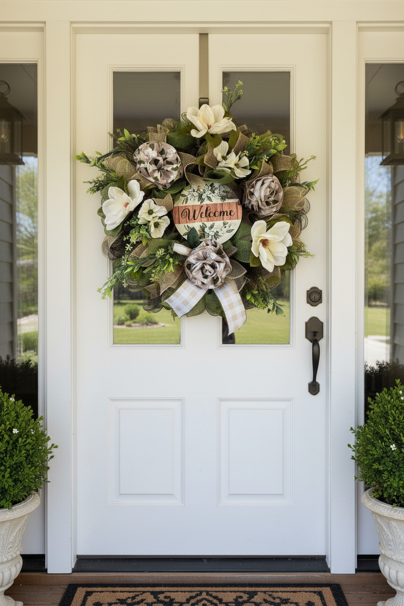 Everyday| Farmhouse Welcome Wreath| Cream Flowers, Burlap Mesh, Greenery