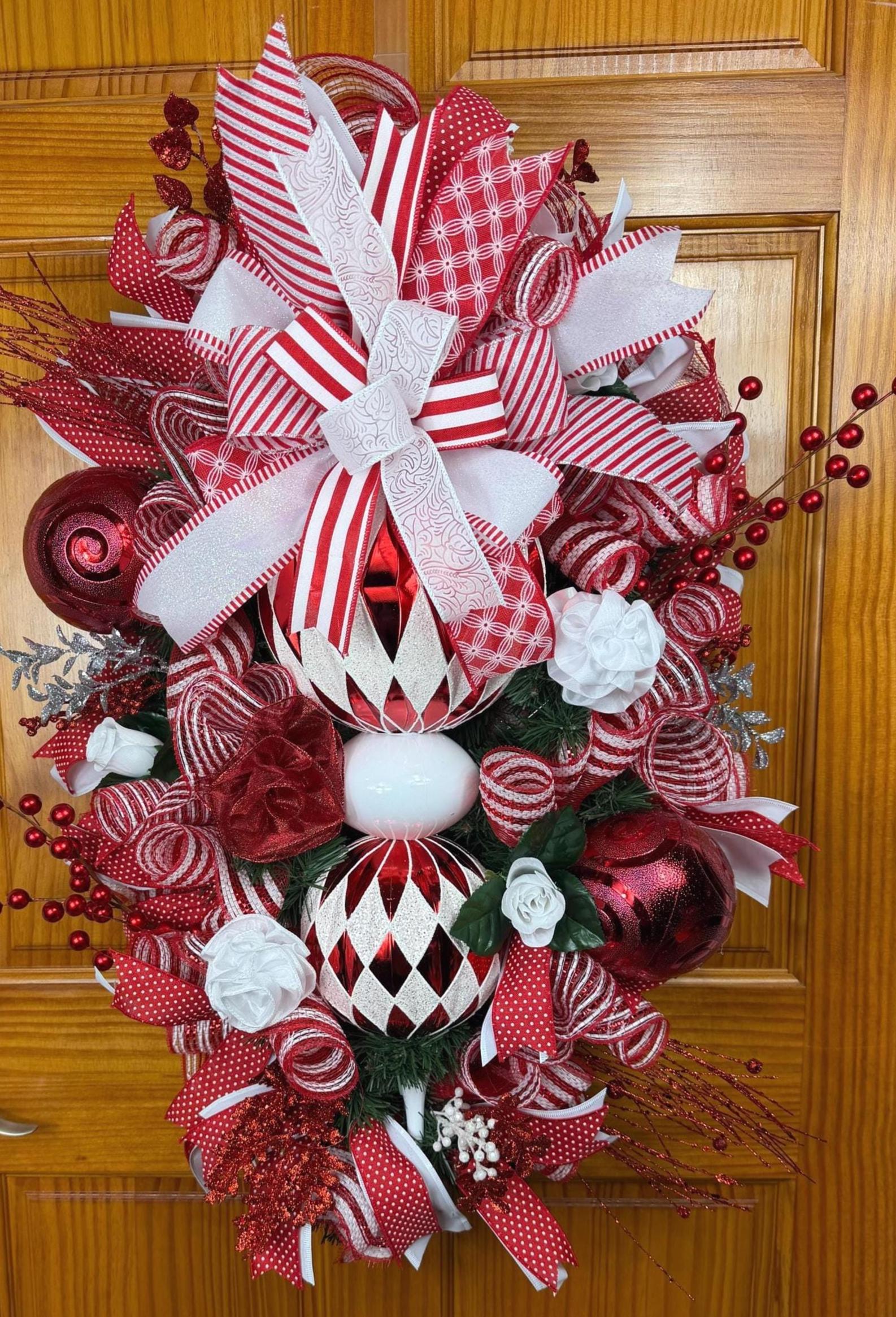 Red & White Ornament Christmas Wreath | Holiday Door Decor by Bouge Creations, view 5