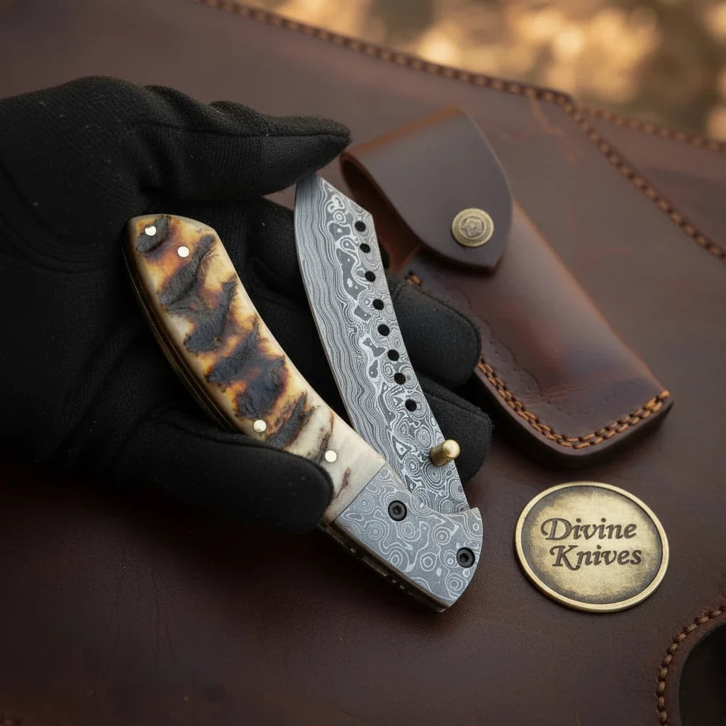 Ram Horn Cleaver Folding Knife with Twist Pattern Blade & Leather Pouch