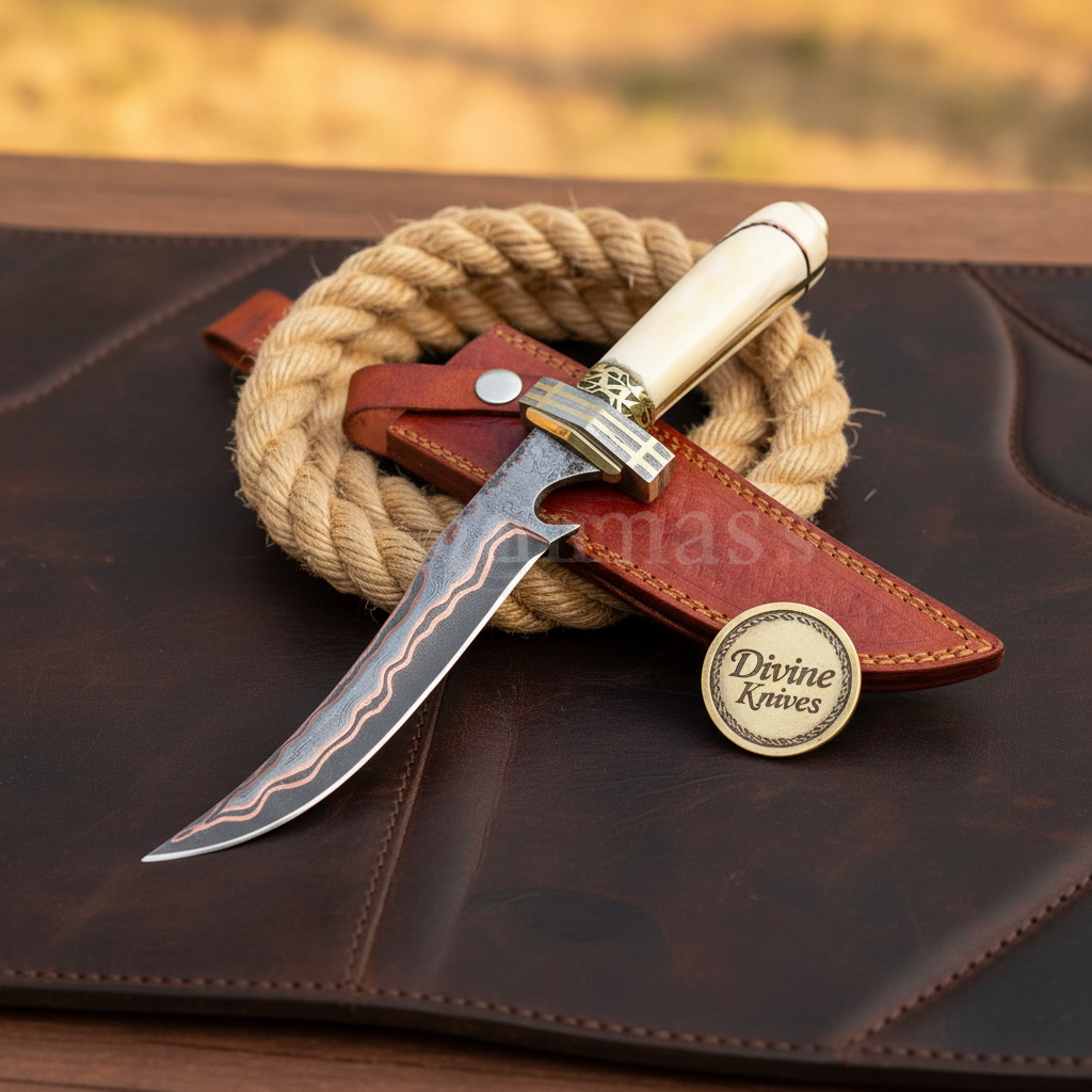 Copper Vein Boning Knife with Camel Bone Handle and Upswept Hand Forged Blade by Divine Knives — product view 1