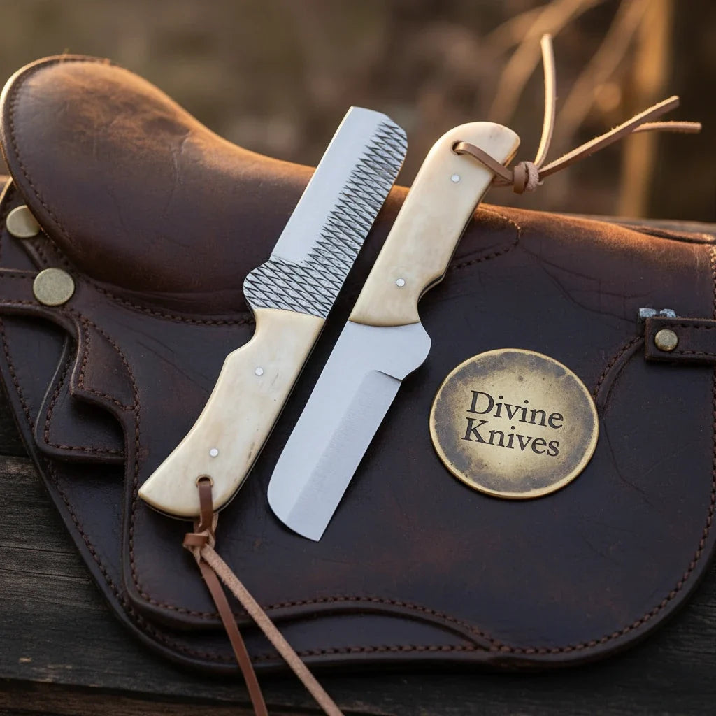 File-Work Camel Bone Bull Cutter Knife with Leather Lanyard