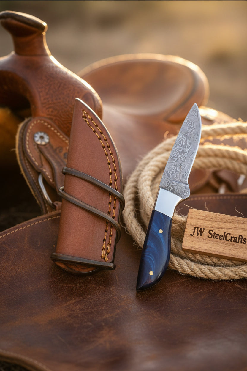 Cobalt Trail Caper Knife Damascus Blue Resin Handle by JW SteelCrafts — view 2 of 2