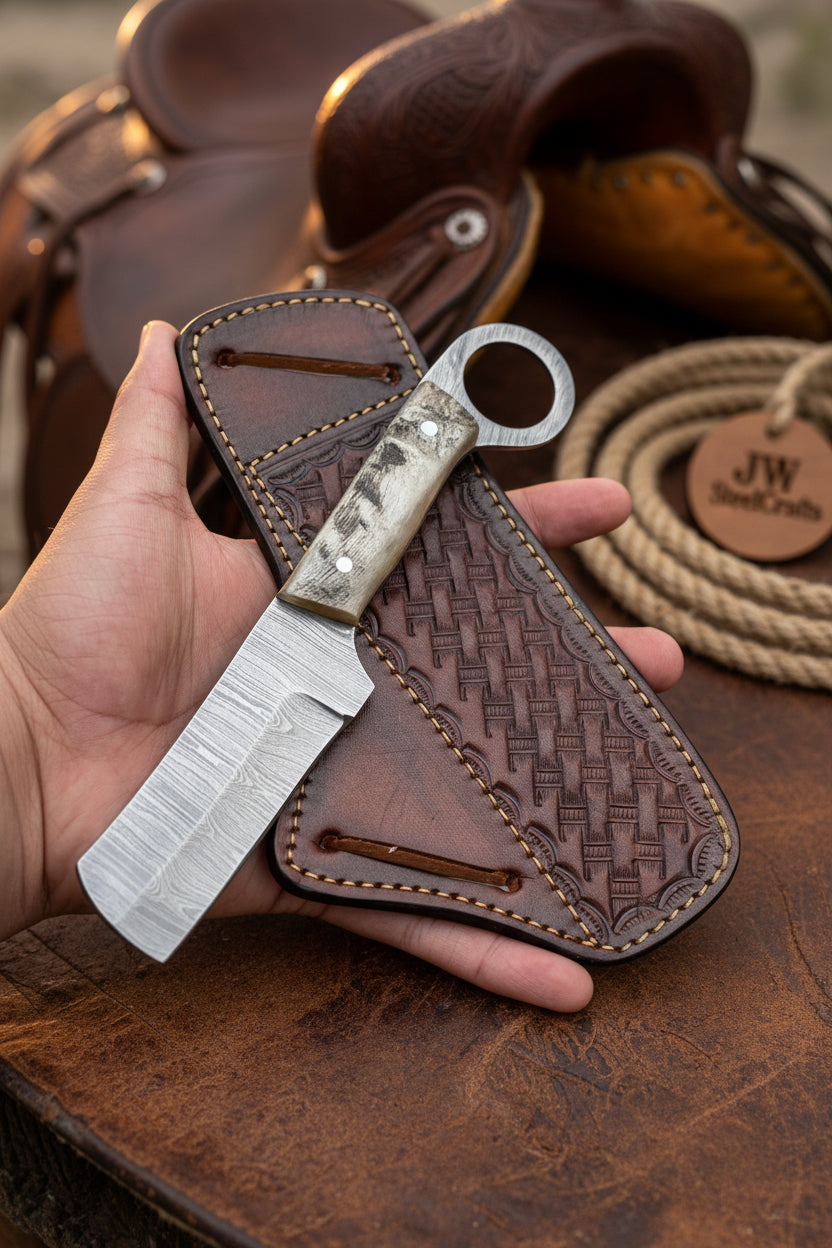 Finger Loop Prairie Bull Cutter 6.5" Handmade Damascus Steel Leather Crossdraw