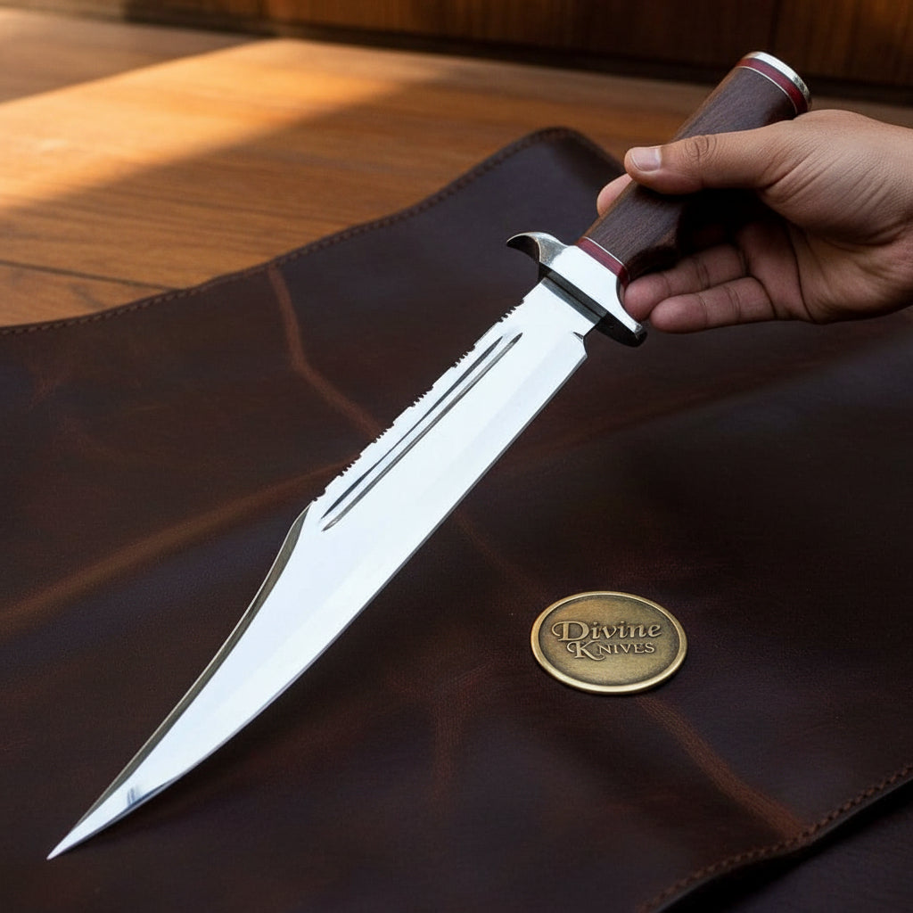 Rosewood Handle Fullered Alamo Bowie with Red Spacers