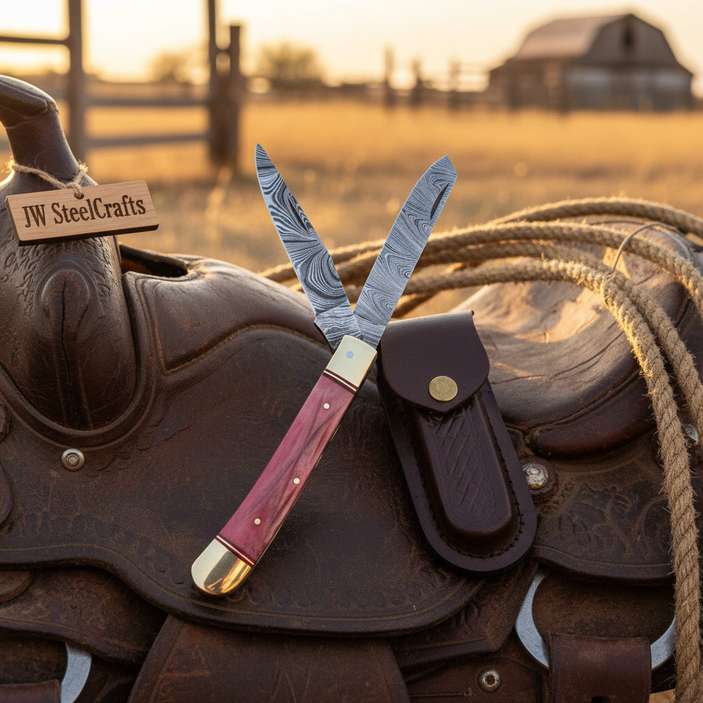 Backwoods Trapper Knife Two Blade Pink Bone Handle Steel Bolster Slip Joint detail view by JW SteelCrafts