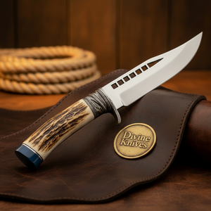 Sawback Survival Knife with Stag Antler Handle and Mirror Polished Spear Point Blade