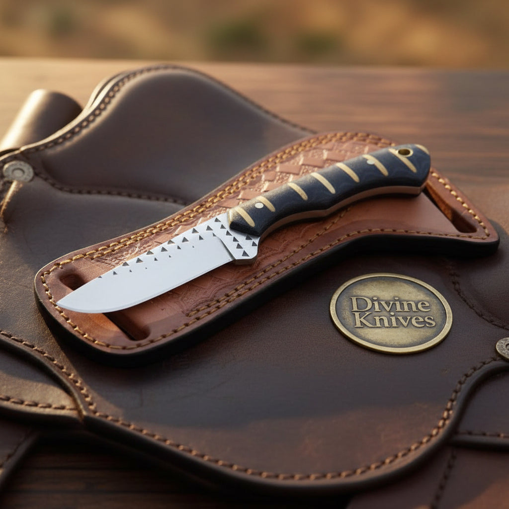 Black Infused Resin Rasp Cowboy Knife with Marbled Black Handle