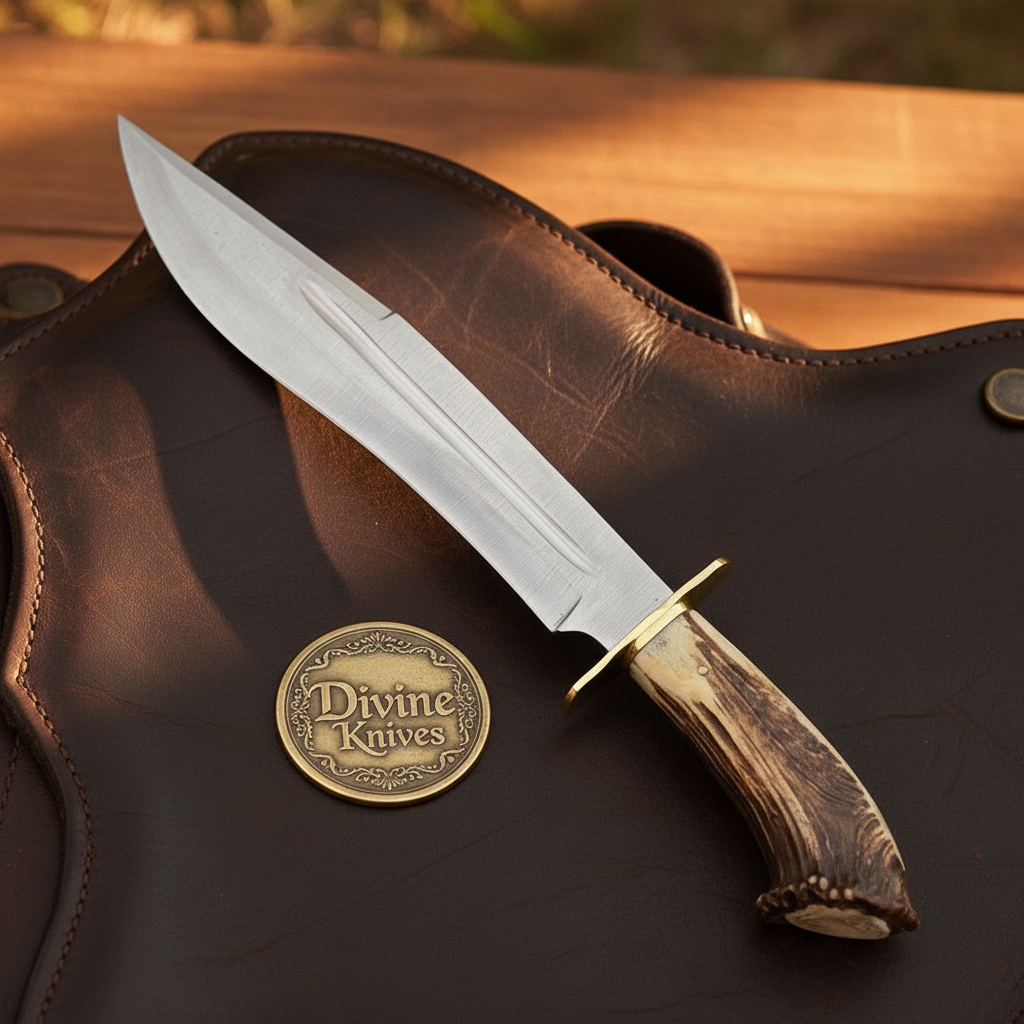 Antler Crown Clip-Point Rambo Bowie with Polished Blade by Divine Knives — product view 2