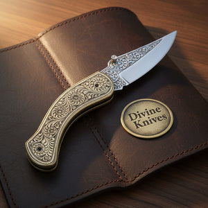 Engraved Brass Folding Pocket Knife with Scroll Etched Blade and Slim Curved Handle