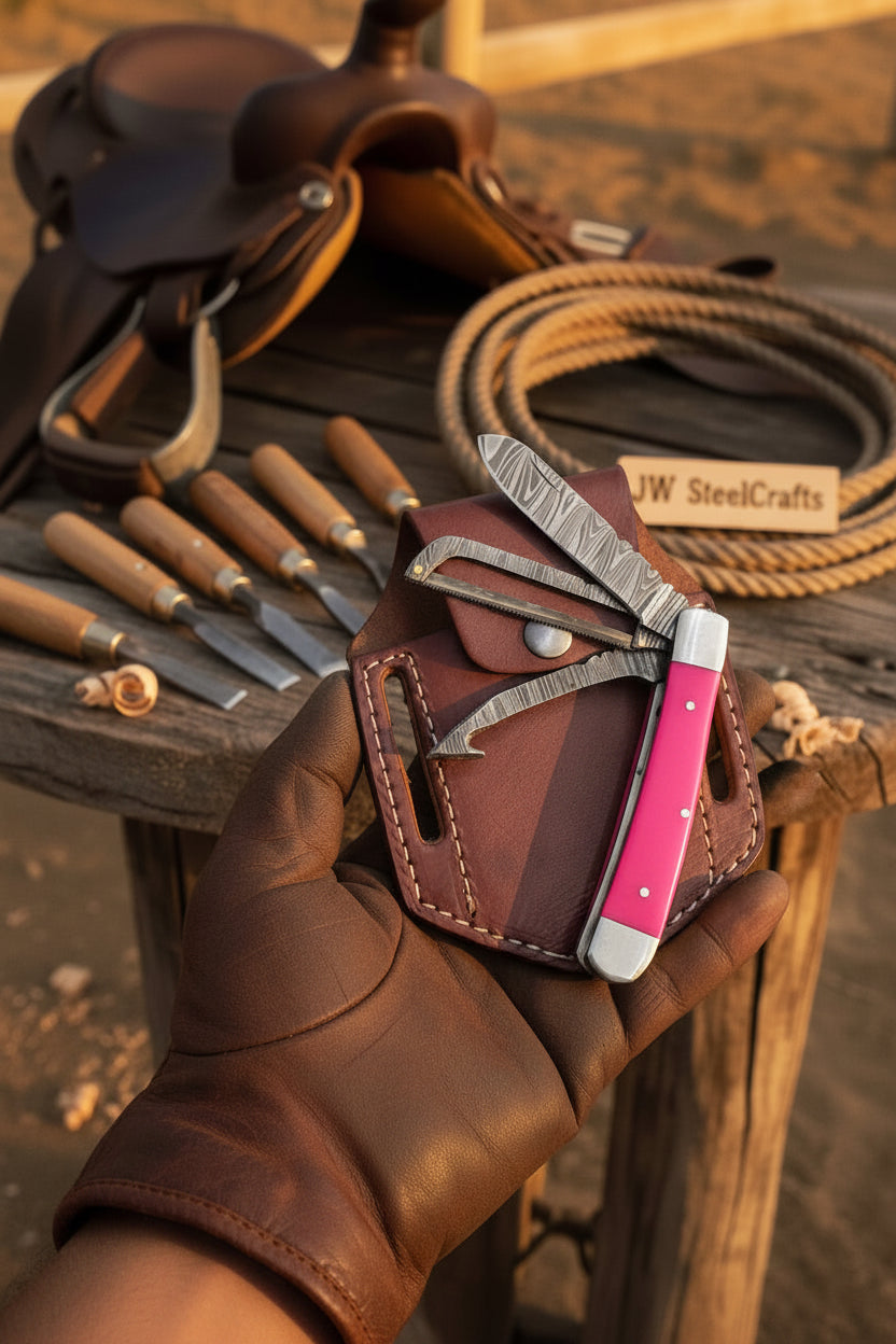 Rosewood Pink Damascus Trapper Folder Knife 7" Handmade Pink Rosewood Handle