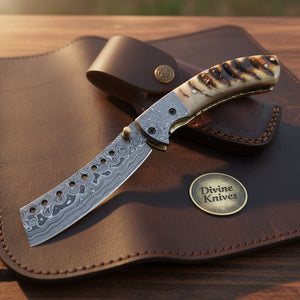 Ram Horn Cleaver Folding Knife with Twist Pattern Blade & Leather Pouch