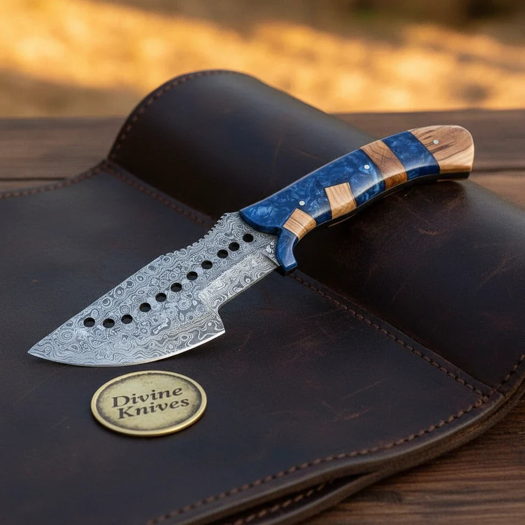 Drilled Blade Tracker Knife with Blue Resin & Olive Wood Handle