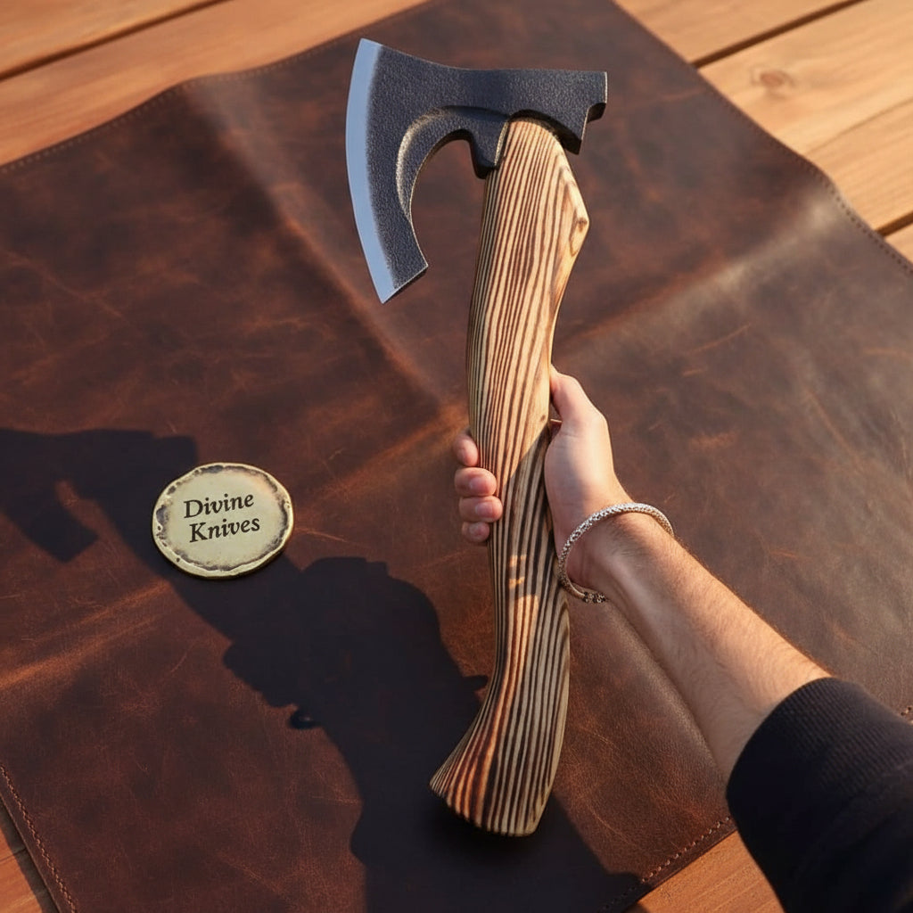 Burnt Wood Forged Viking Bearded Axe with Fire Scale Head and Torched Grain Haft
