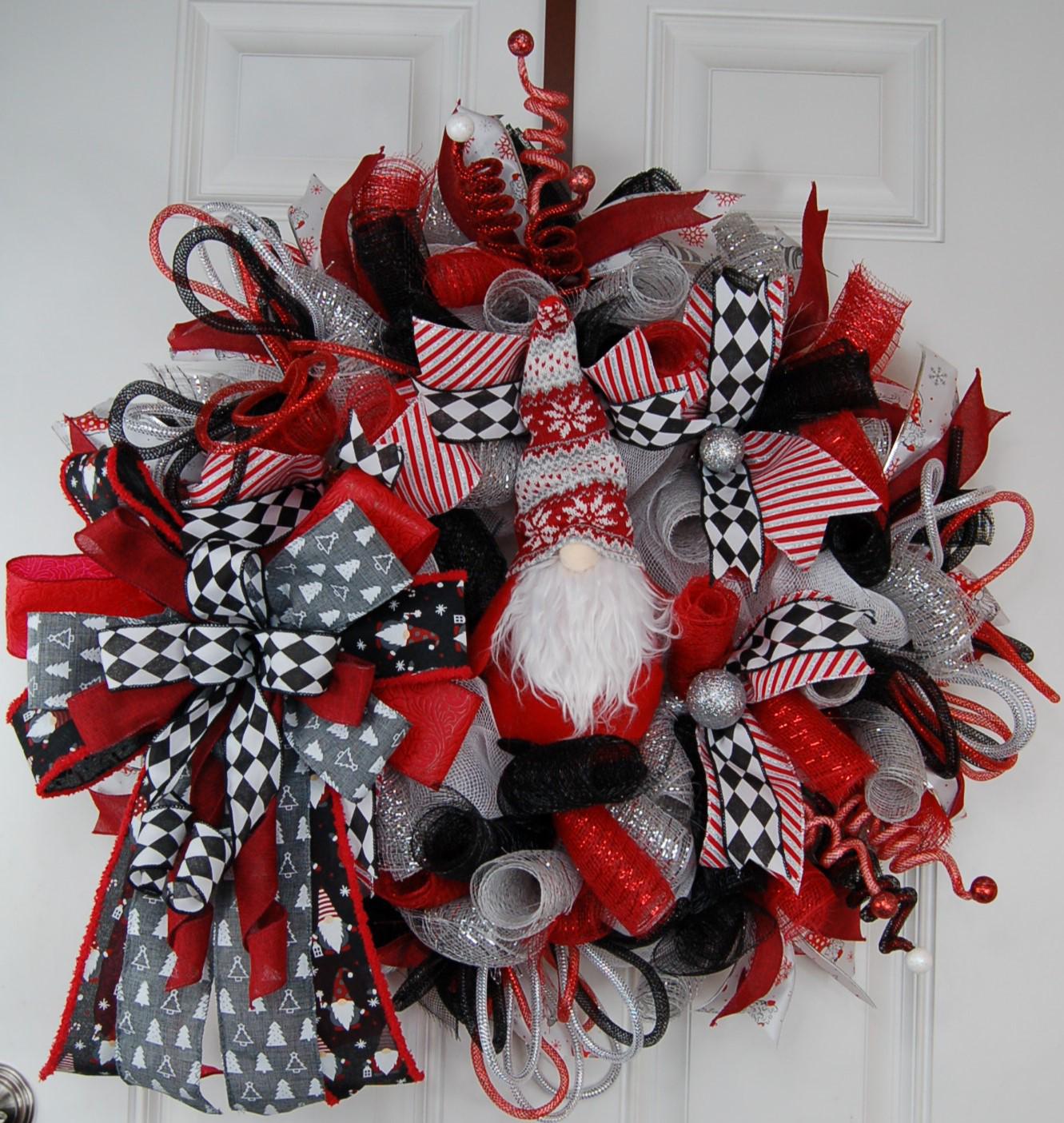 Christmas Gnome Wreath | Red & Green Plaid Door Decor by Bouge Creations, view 4
