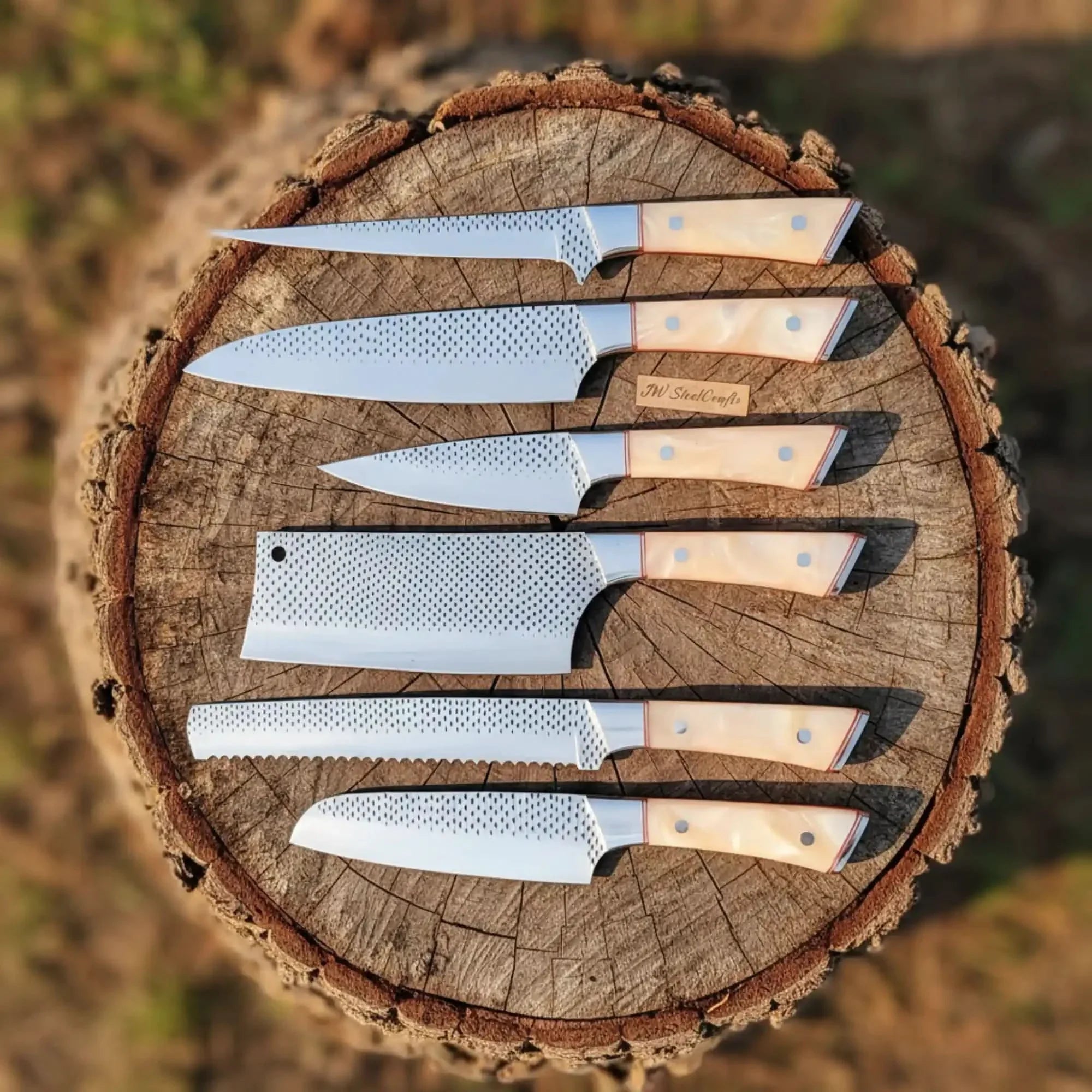 6-Piece Rasp Steel Kitchen Knife Set — Dimple Textured Blades, Cream Resin Handles, Copper Bolsters & Steel Pommels by JW SteelCrafts, Damascus knife detail photo 2