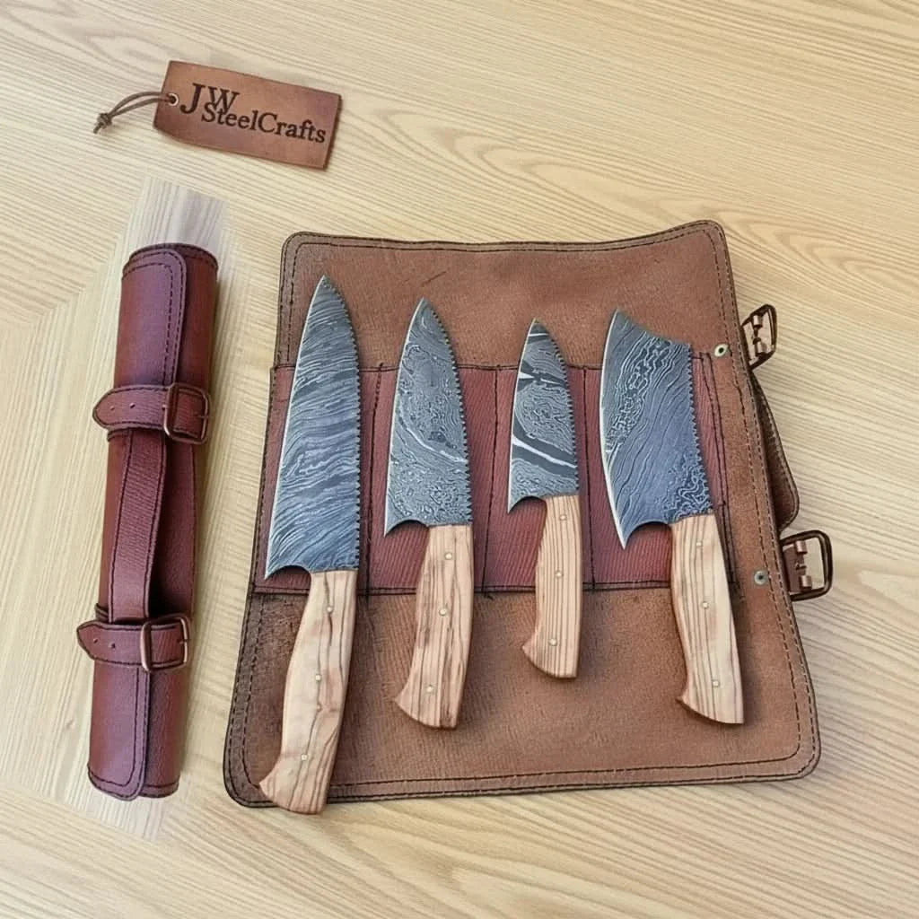 4 Piece Damascus Kitchen Knife Set with Olive Wood Handles and Leather Roll, Chef Santoku Utility and Cleaver Handmade Cooking Knives by JW SteelCrafts, Damascus knife main