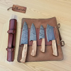4 Piece Damascus Kitchen Knife Set with Olive Wood Handles and Leather Roll, Chef Santoku Utility and Cleaver Handmade Cooking Knives