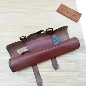 4 Piece Damascus Kitchen Knife Set with Olive Wood Handles and Leather Roll, Chef Santoku Utility and Cleaver Handmade Cooking Knives