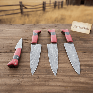 Handmade Red Wood Handle Damascus Kitchen Knife Set - 4 Piece Carving Chef Utility