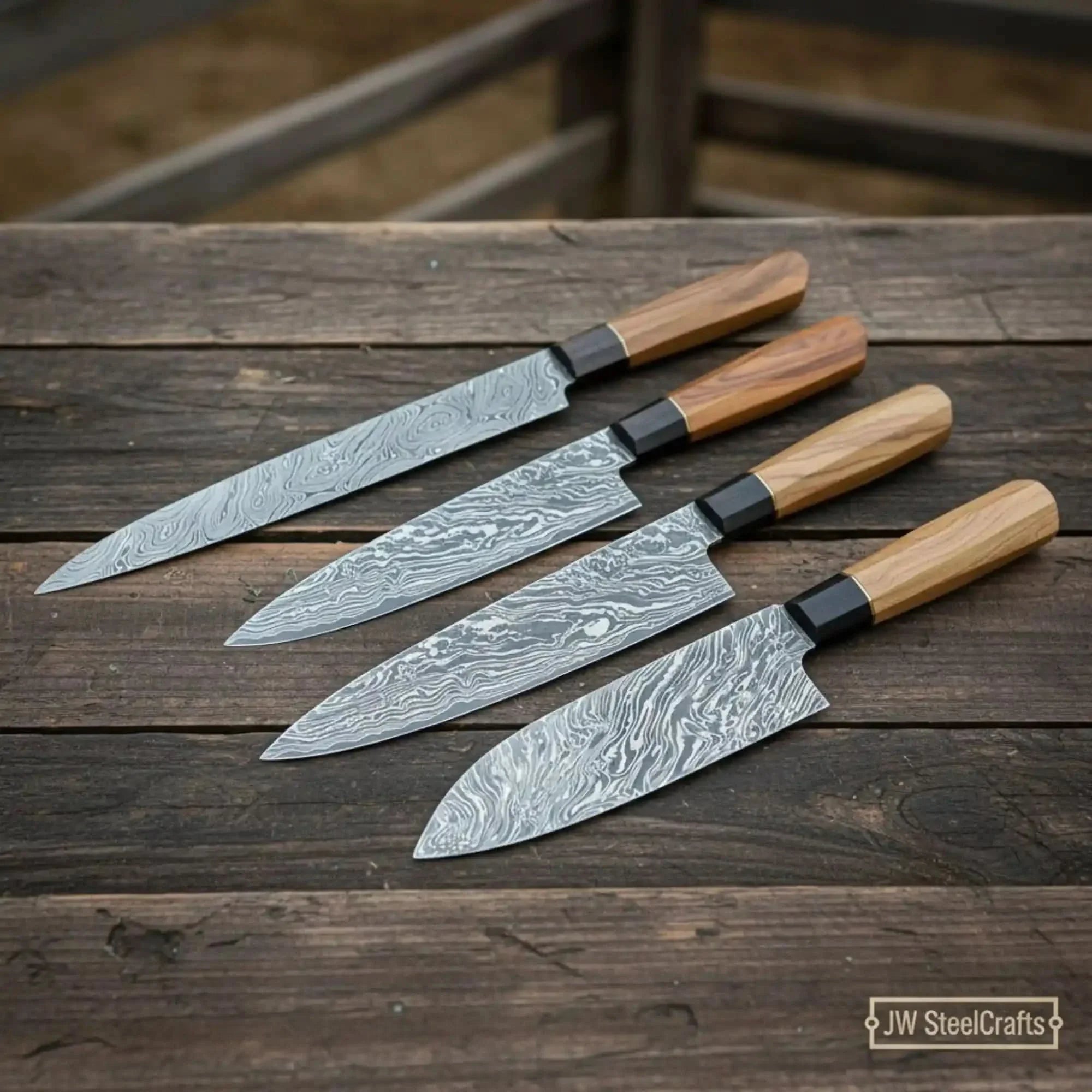 4-Piece Damascus Sujihiki, Gyuto, Santoku & Nakiri Set – Olive Wood Wa Handle by JW SteelCrafts, Southern handmade gift main product photo