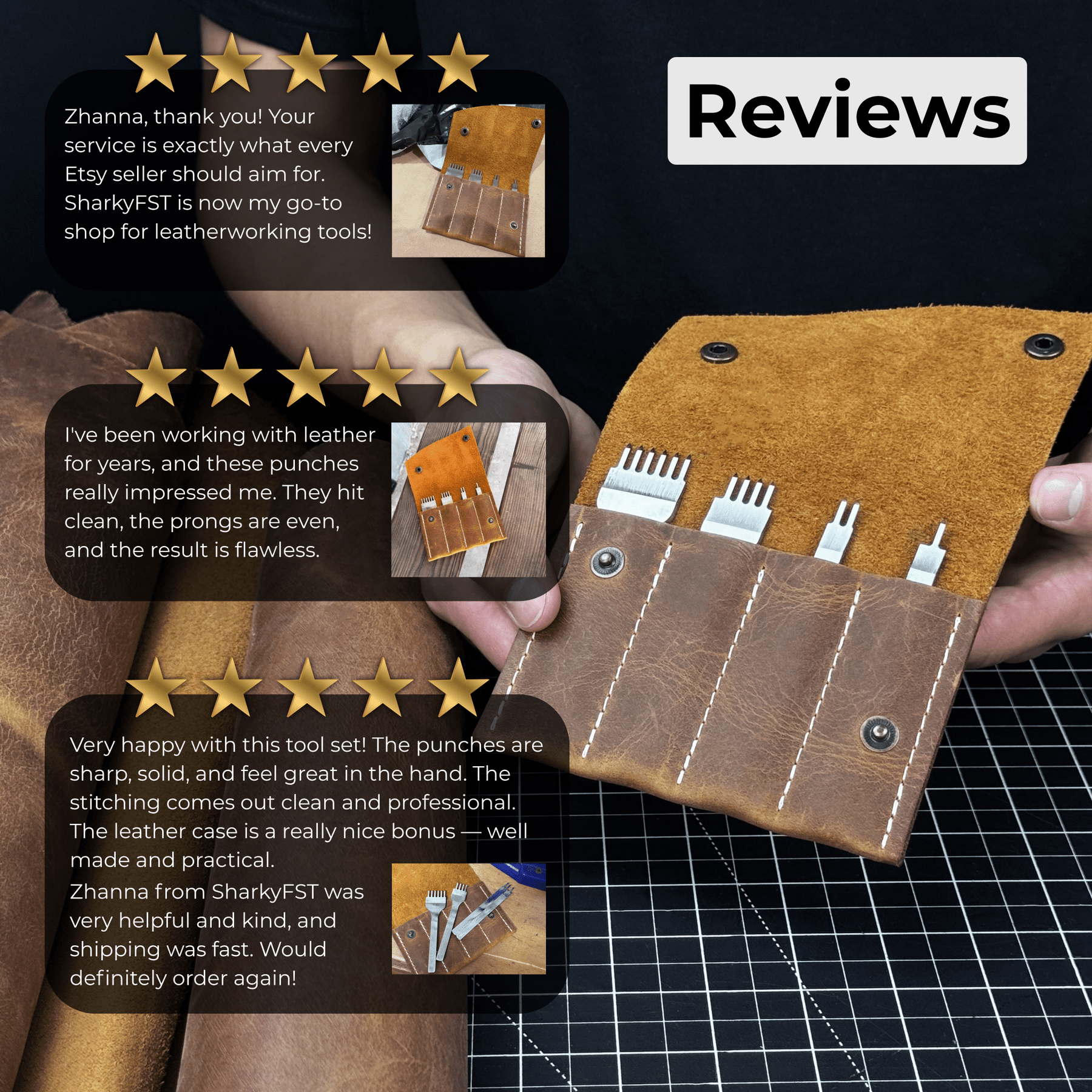 4-Piece Diamond Style Leather Pricking Iron Set, 1, 2, 4, 6 Prongs